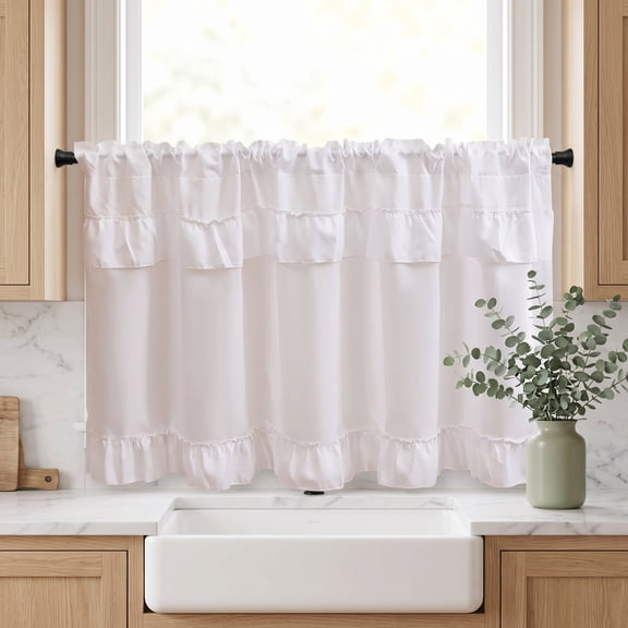 Ruffled Cafe Curtains for Kitchen Windows, Linen Curtains for Living Room, Washable Polyester Short Half Curtain with Clip Rings, 18x40 Inch