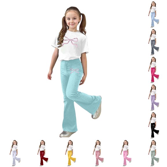 WAYUTE Girls 2 Piece Outfits Bow Graphic Print Crew Neck Short Sleeve T Shirt and Flared Pants Kids Soft Fashion Street Clothing Set Casual Daily Wear,Mint Green,Size 11-12 Y