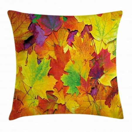 Fall Decorations Throw Pillow Cushion Cover, Different Colored Vibrant Many Autumn Maple Leaves November Scene Photo, Decorative Square Accent Pillow Case, 24 X 24 Inches, Yellow Purple, by Ambesonne