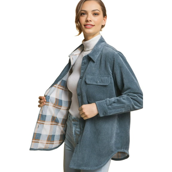 Love Tree Women's Reversible Corduroy Plaid Flannel Shacket (Blue Stone, Small)