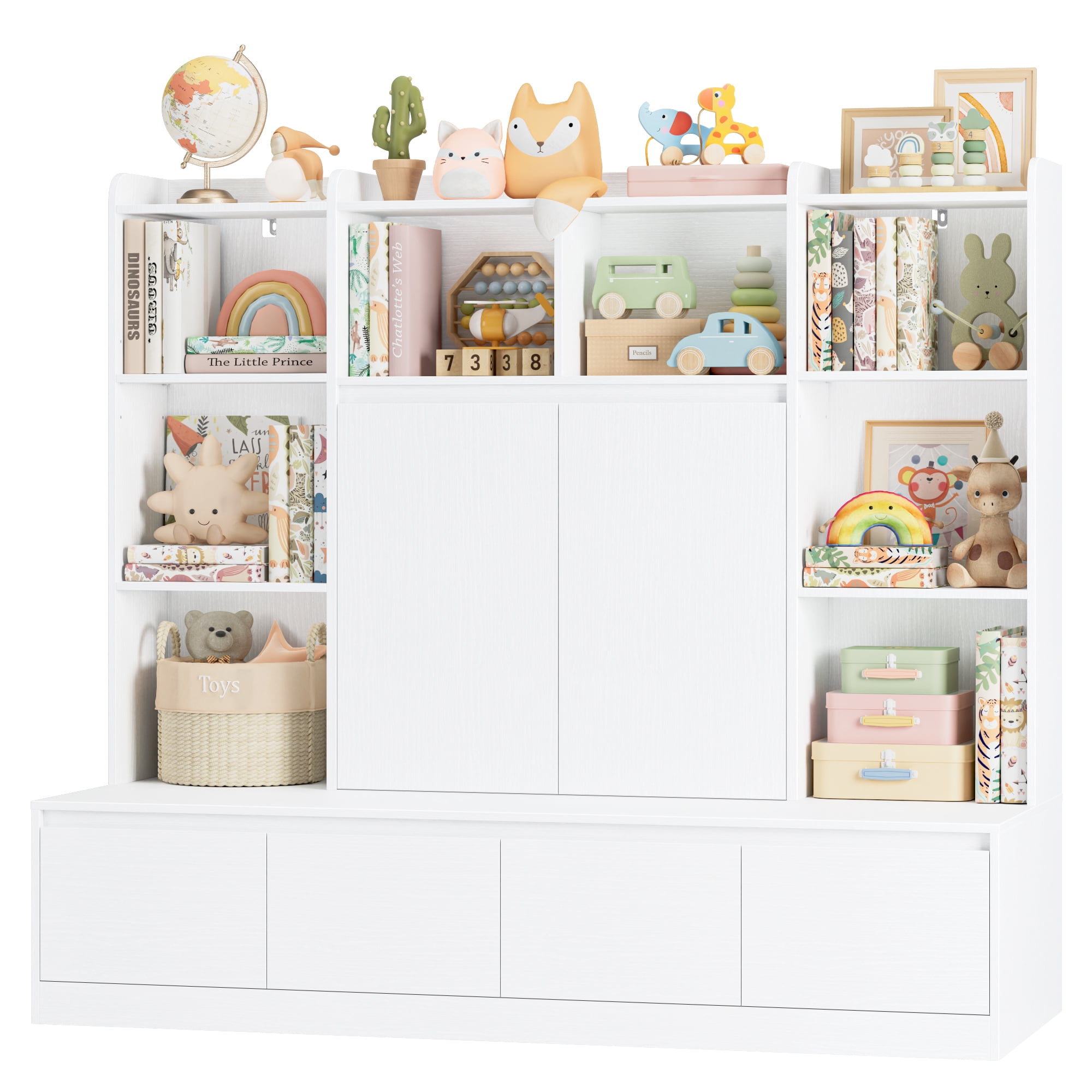 Homfa 10 Cubes Kids Toy Storage Organizer, 4 Drawers Kids Bookcase and Bookshelf with Doors & Adjustable Shelves for Playroom Kids Room, White