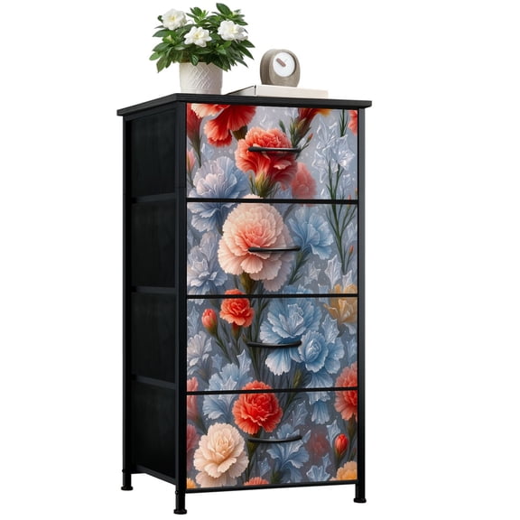 Dresser for Bedroom with 4 Storage Drawers Soft Pastel Carnation Flowers Blue Coral Tones Delicate Petals Dressers Chest of Drawers Steel Framed Fabric Closet Organizers for Entryway