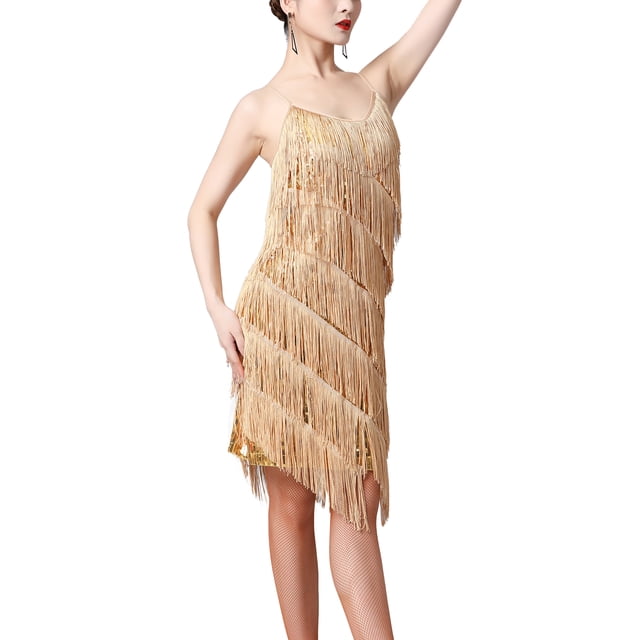 YiZYiF Robe de Danse pour Femmes à Bretelles Réglables avec Franges à Paillettes Dégradées Style Années 1920 Doré 3TG