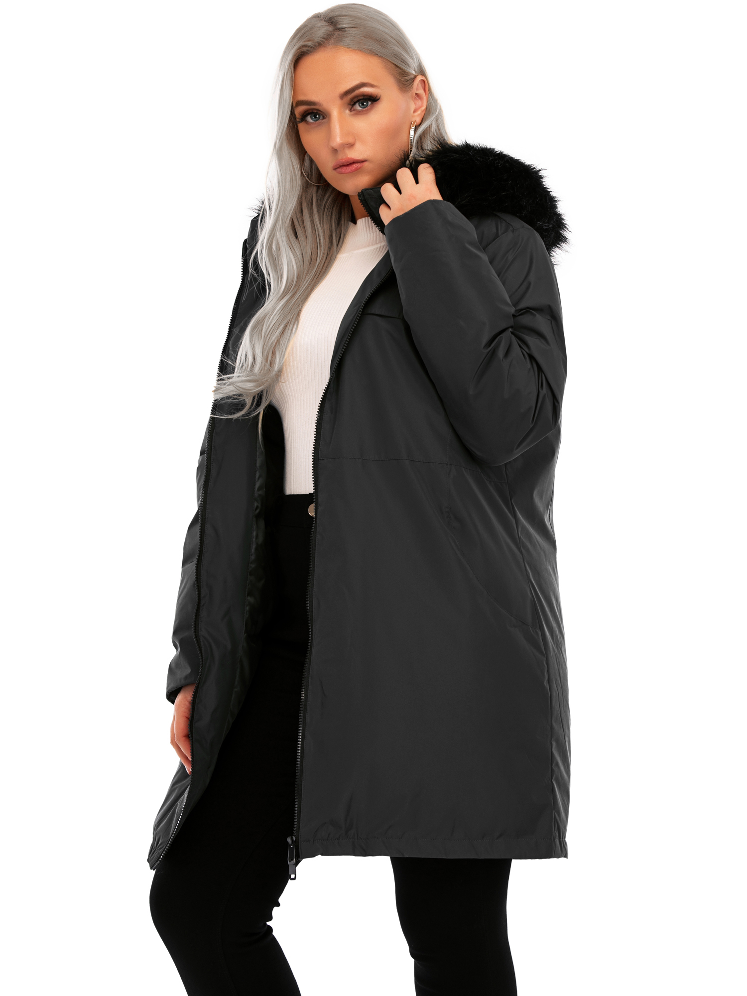 LELINTA Women Plus Size Winter Coats Hooded Warm Puffer Lined Jacket Zip Parka Raincoat Active Outdoor Trench Long Coats - image 4 of 7