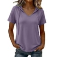 thumbnail image 2 of Jamicy Blouse Hoodies for Women Solid Color V Neck Short Sleeve Lightweight Sweatshirts Drawstring Pullover Tops, 2 of 8