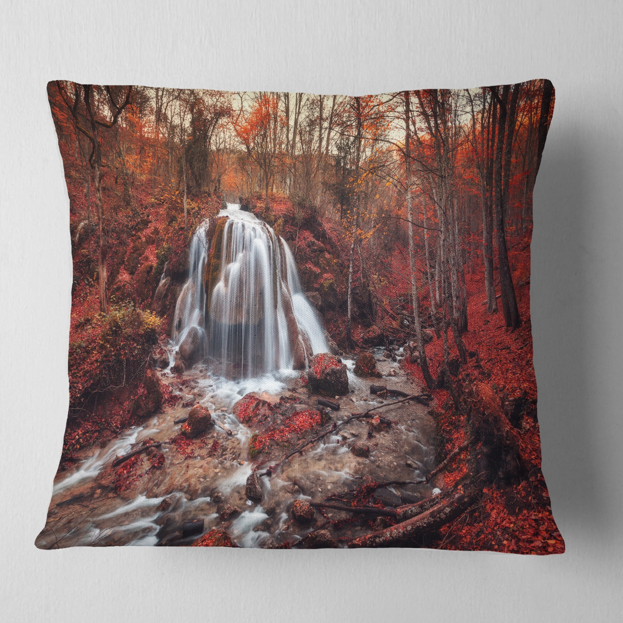 Designart Silver Stream Waterfall Close up - Landscape Photography Throw Pillow - 18x18