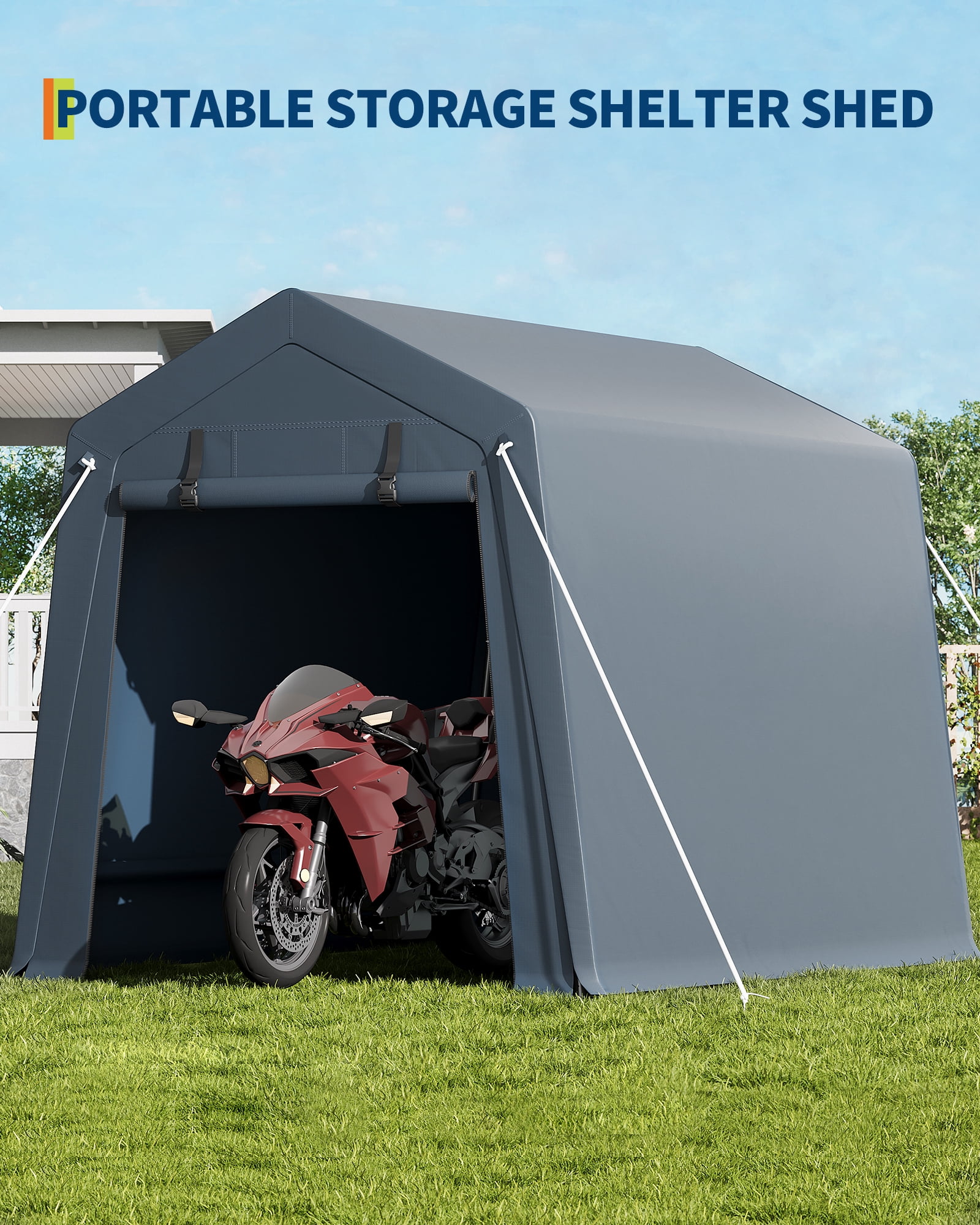 Heavy-Duty Carport Garage for Outdoor Storage, 6x8 FT Waterproof UV-Resistant Portable Shelter with Roll-Up Zipper Doors, Gray/Khaki