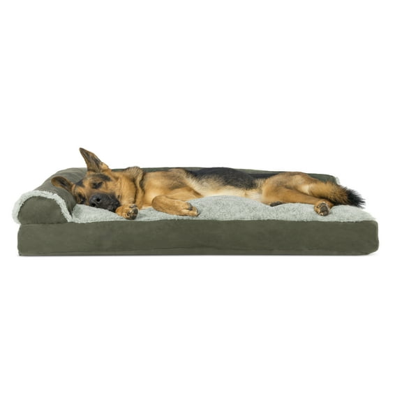 FurHaven Pet Dog Bed | Deluxe Cooling Gel Memory Foam Orthopedic Faux Fur & Suede L-Shaped Lounge Pet Bed for Dogs & Cats