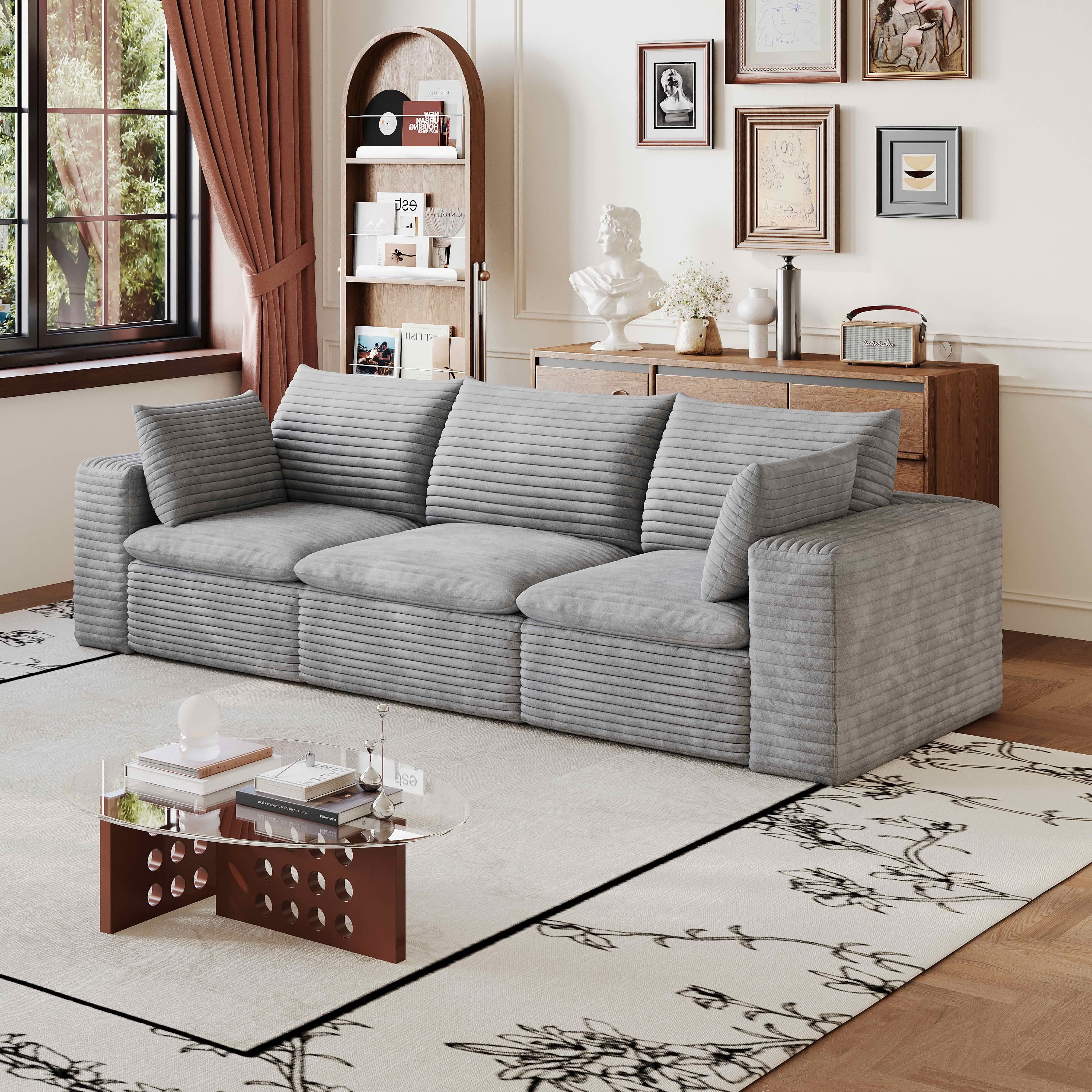 MAYEERTY 102.4 Inch Cloud Modular Sofa, Corduroy Deep‑Seat Couch with Double‑Layer Removable Cushions, No‑Assembly DIY Combination Sponge Sofa for Living Room Bedroom Conference Room Apartment