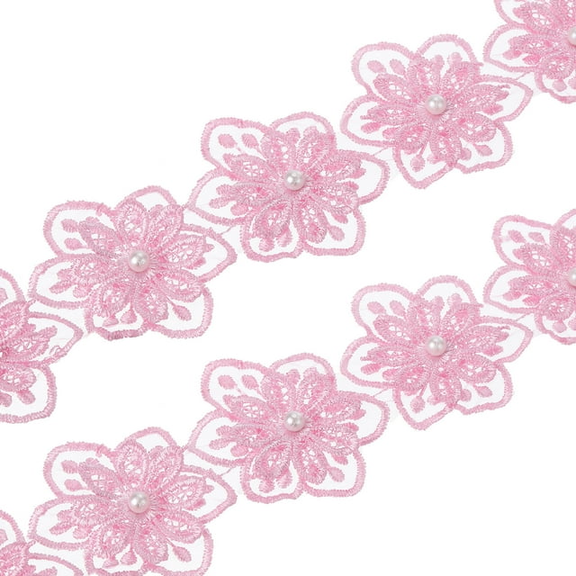 Unique Bargains 1 Yards Flower Trim Ribbon, 2 Pack Floral Lace Ribbon Pearl Edging Decorating Embroidered Trim Style 1, Pink