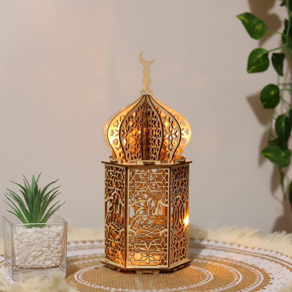 Ramadan Hanging Light, Eid Mubarak Muslim Wooden Light Palace Lamp Ornament  Islamic Eid Decorations Desktop Ornament LED Night Light (No Battery,  Assemble Needed) 