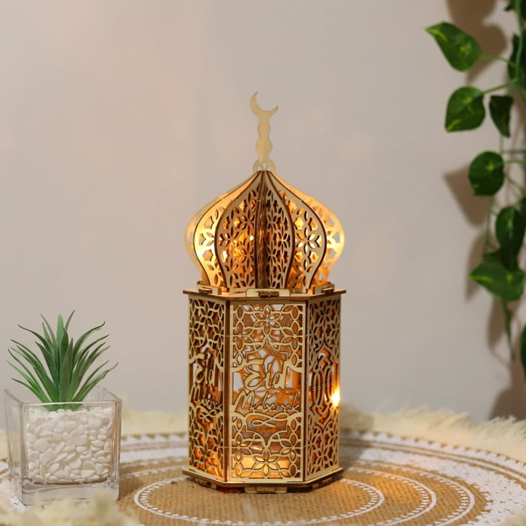 Ramadan Hanging Light, Eid Mubarak Muslim Wooden Light Palace Lamp Ornament  Islamic Eid Decorations Desktop Ornament LED Night Light (No Battery