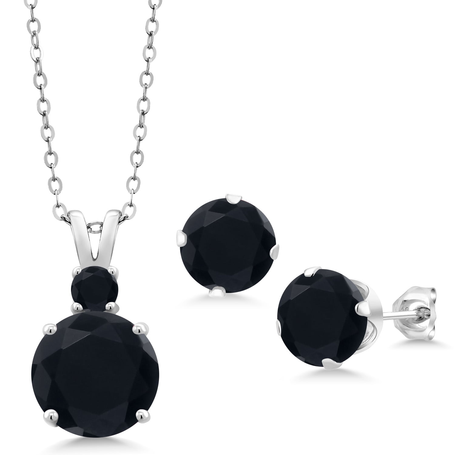 Gem Stone King 925 Sterling Silver Black Onyx Pendant and Earrings Jewelry Set for Women (5.69 Cttw, Round 10MM, Gemstone December Birthstone, with 18 inch Silver Chain)