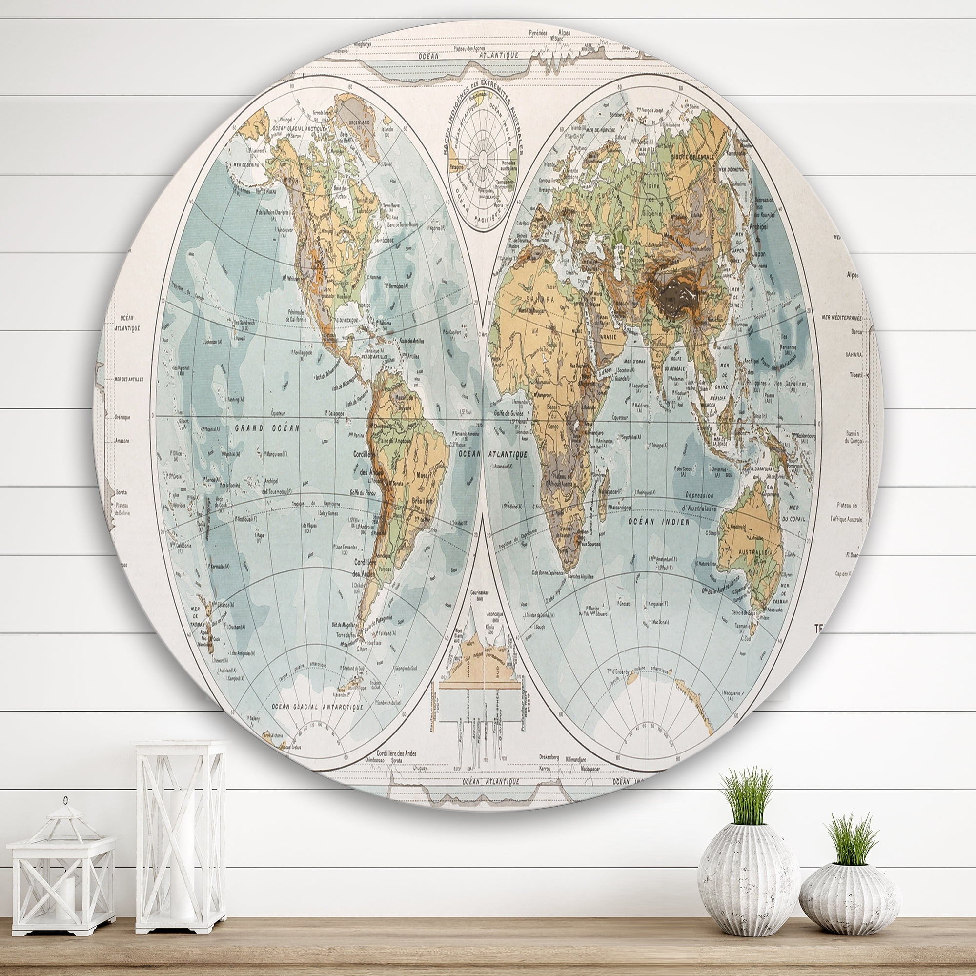 Designart 'Ancient World Map II' Rustic Circle Metal Wall Art 36x36 - Disc of 36