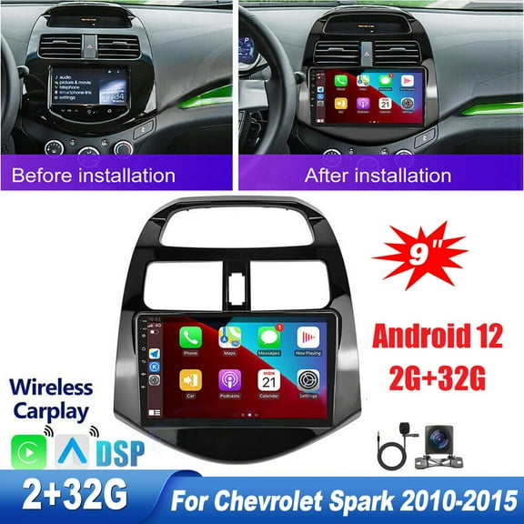 Zcargel Car Radio Stereo for Chevy Spark 2010-2015 with Wireless Android Auto Apple Carplay 9 inch Android 12 Touch Screen with SWC WiFi GPS Navigation DSP Bluetooth Camera Mic 2G 32G