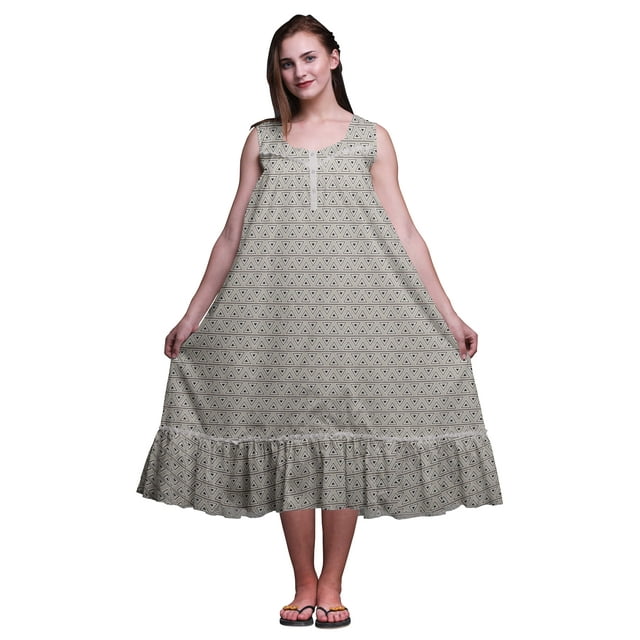 Bimba Chemises de Nuit en Coton Gris Clair6 à Triangles Géométriques pour Femmes Mi-Mollet Imprimées Robe de Nuit Petite
