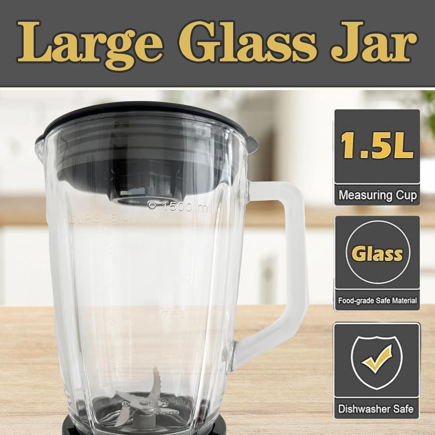 Powerful Kitchen Blender with 1.5L Glass Jar, 21000RPM High Speed, 6pcs 304 Stainless Steel Blades