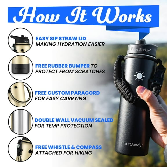 Frost Buddy 12oz Buddy Water Bottle with Straw, Lid & Paracord Handle | 24-Hour Insulated Water Bottle | 12 oz Leak Free | Stainless Steel Water Bottle for Traveling, Sports & Errands