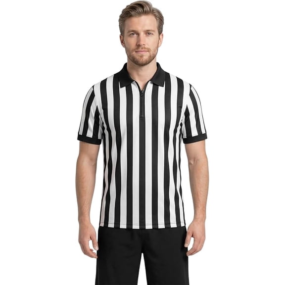 Exxact Official Black and White Striped Referee Shirt/Jersey with Quarter Zipper Multi Sports (AS, Quarter Zipper)