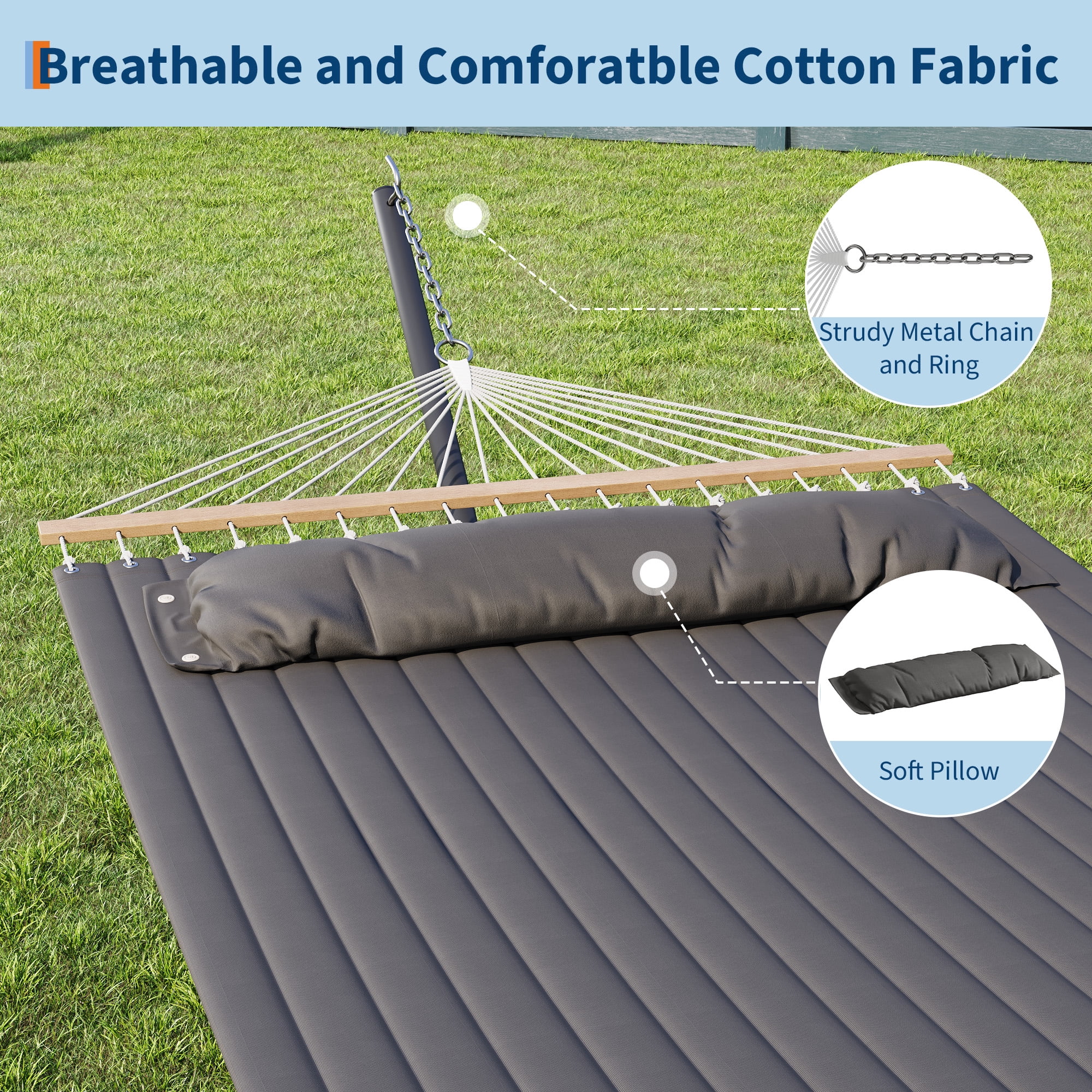 IdealHouse 57" Double Hammock with Heavy Duty Stand – 2 Person Hammock, Widening Cotton Fabric Design, 450 LB Capacity for Indoor & Outdoor Use (Dark Grey)