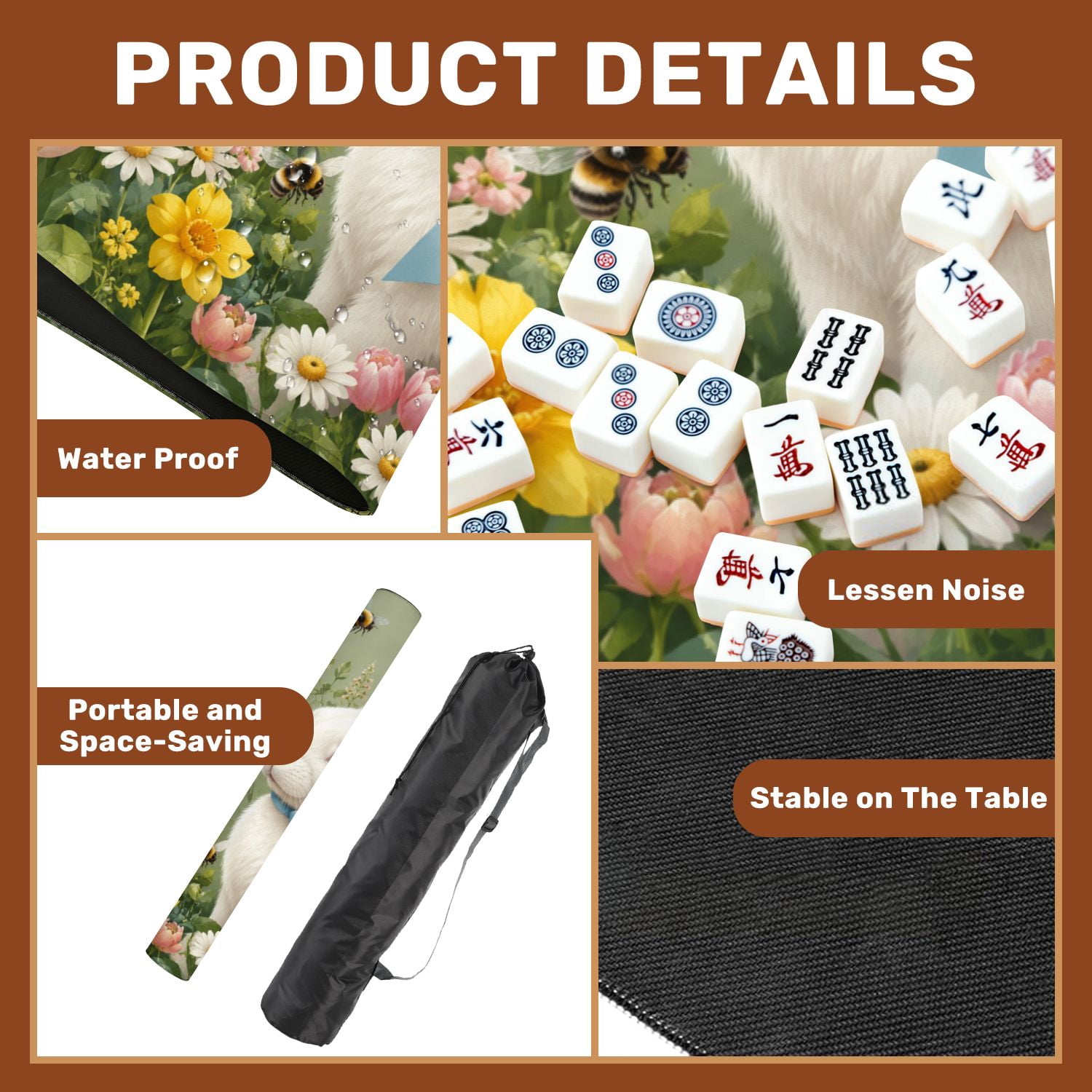 Mahjong Mat 31.5" x 31.5" White Rabbit Blue Ribbon Leaping Floral Garden Butterflies Bees Non-Slip Noise Reduction American Mahjong Tiles Table Cover for Dominoes Poker Card Board Games Gift