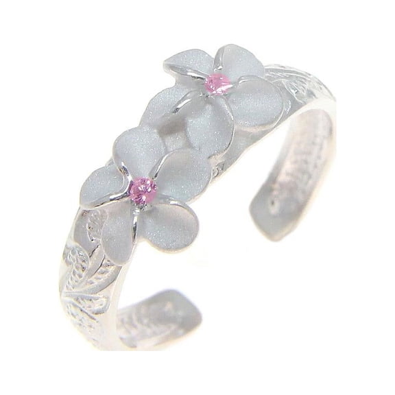 925 sterling silver Hawaiian 2 plumeria flower scroll pink cz toe ring