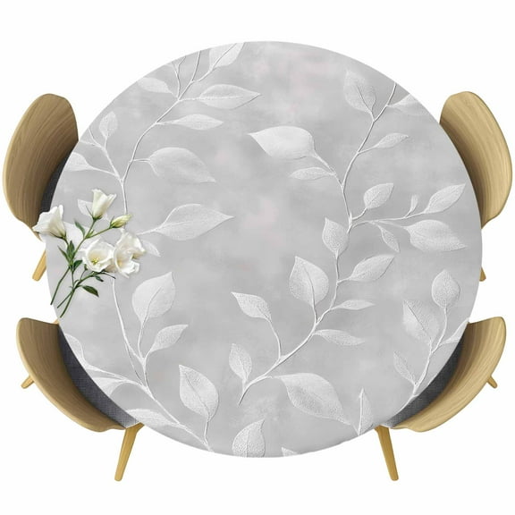 Silver Gray Leaves Round Tablecloth 36-44 Inch Round Fitted Table Cloth with Elastic Edge, Modern Abstract Botanical Branches Waterproof Table Cover Protector for Outdoor Picnic Party Dining