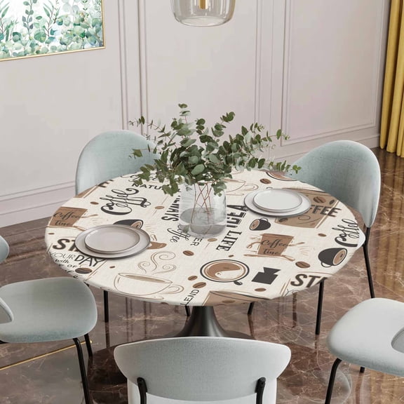Fitted Tablecloth for Round Table, Cafe Coffee Bean Letter Back Table Cover with Elastic Edge Waterproof Table Cloth, Graffiti Abstract Art Circle Table Covers for Kitchen Indoor Outdoor Picnic Party