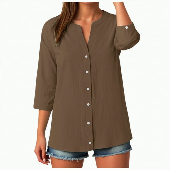 Godom Womens 3/4 Sleeve Button Down Shirts Cotton Linen Tops V Neck Casual Loose Fit Blouses