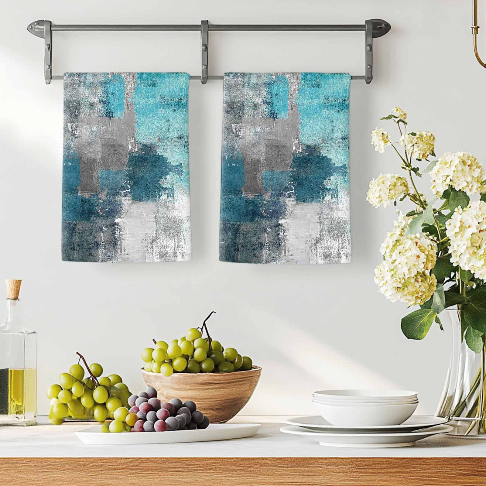 Dish Towels, Teal Gray Block Absorbent Kitchen Towels 2 PCS, Abstract Art Microfiber Hand Towels Dish Cloths Tea Towels for Home&nbsp;Bathroom Cleaning Drying,18X28-Inch,