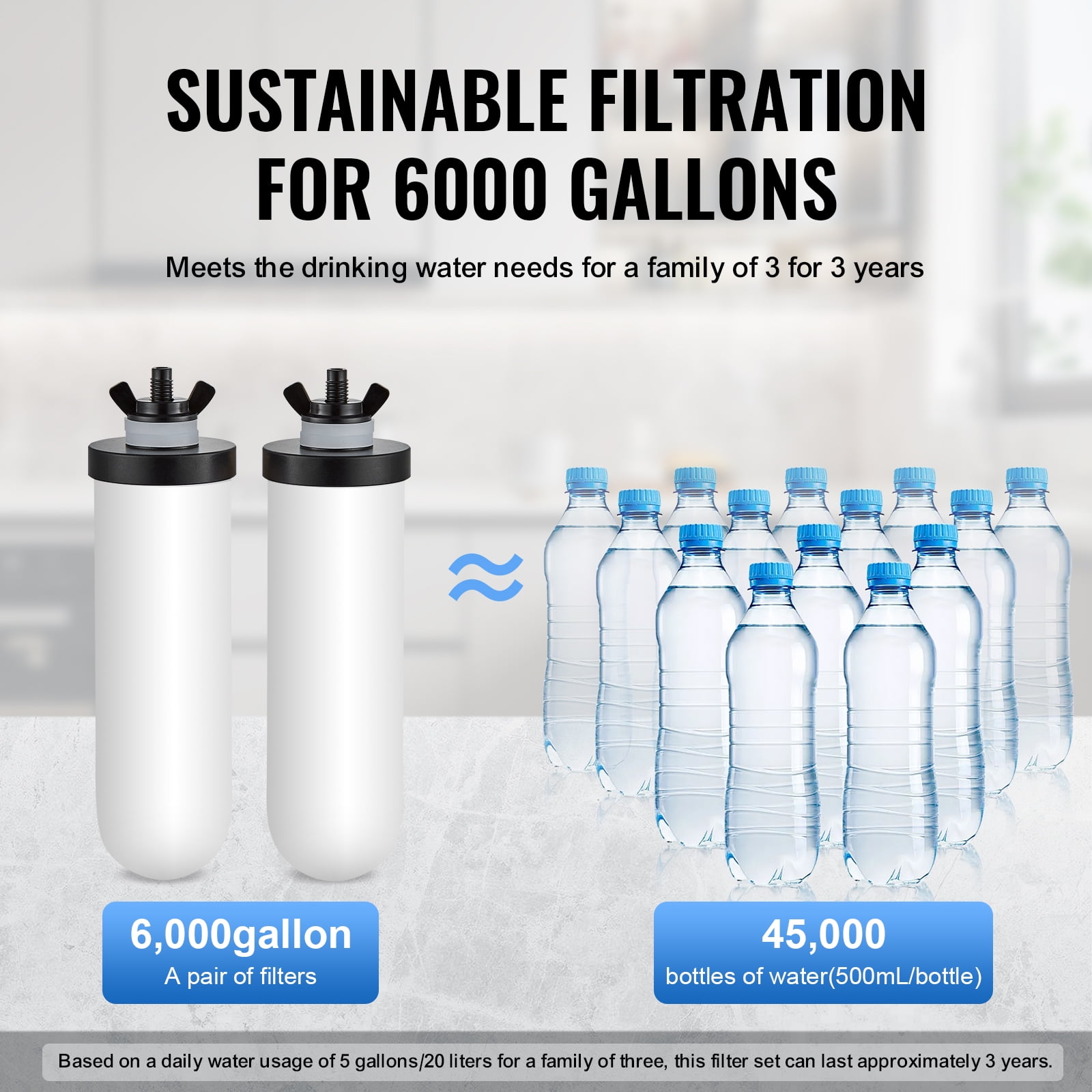 KFFKFF Water Purification Unit, Gravity-Driven, 2.25G 304 Stainless-Steel Tabletop Water Cleaner, Minimizes Lead and up to 99% of Chlorine, Includes 2 Ceramic Carbon Filters, Faucet, and Support
