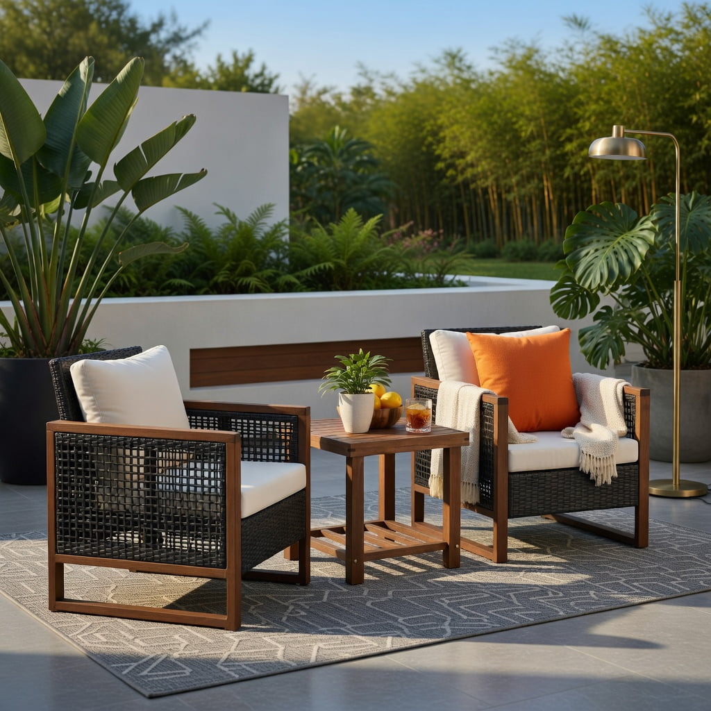 Hommoo 3-Piece Outdoor Wicker Patio Furniture Set with Washable Cushions, Acacia Wood Coffee Table, Modern Backyard Seating for Balcony, Garden & Deck, Beige
