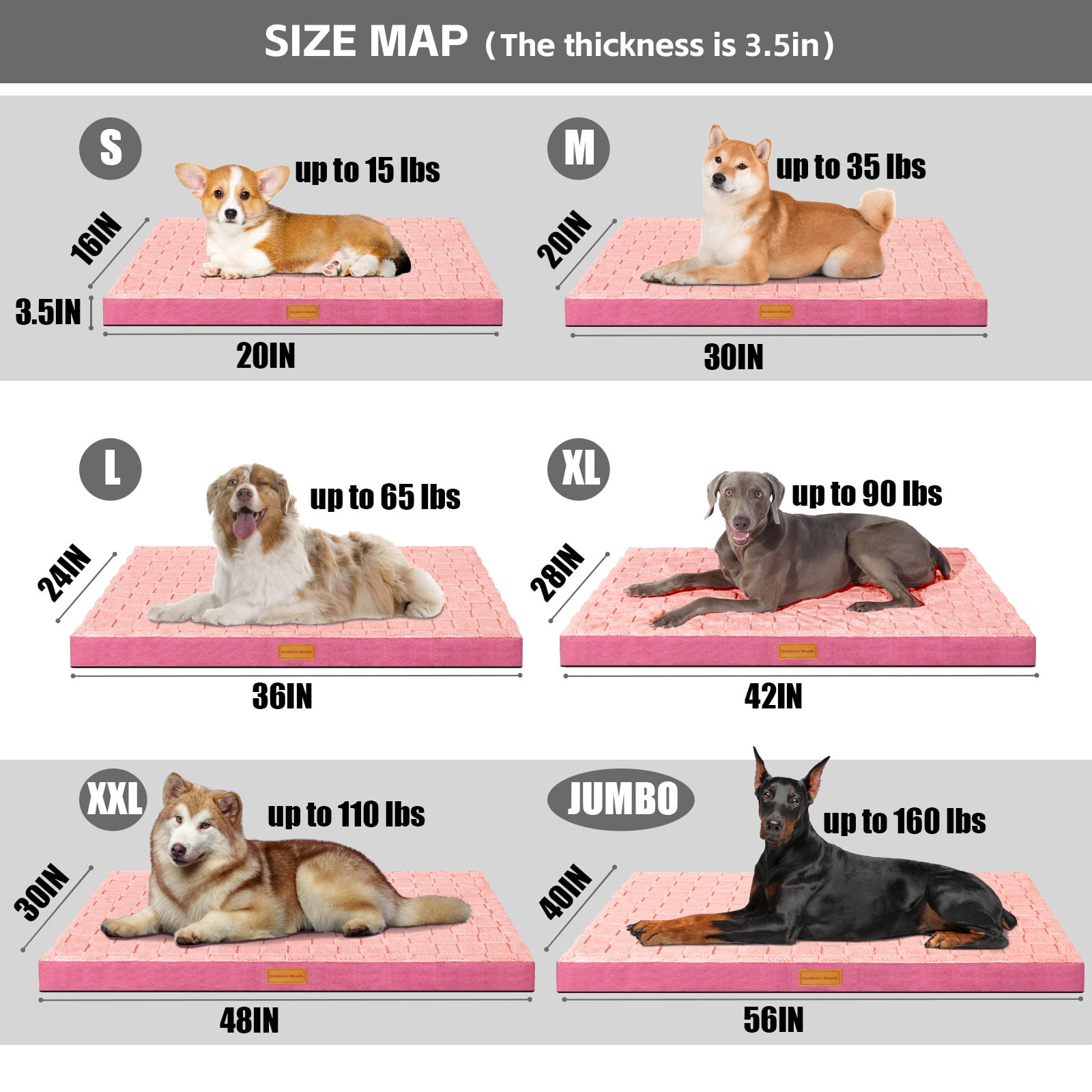 Exclusivo Mezcla Checkered Orthopedic Pet Bed for Extra Large Dogs 56"X40", Waterproof Removable Washable Cover, Pink