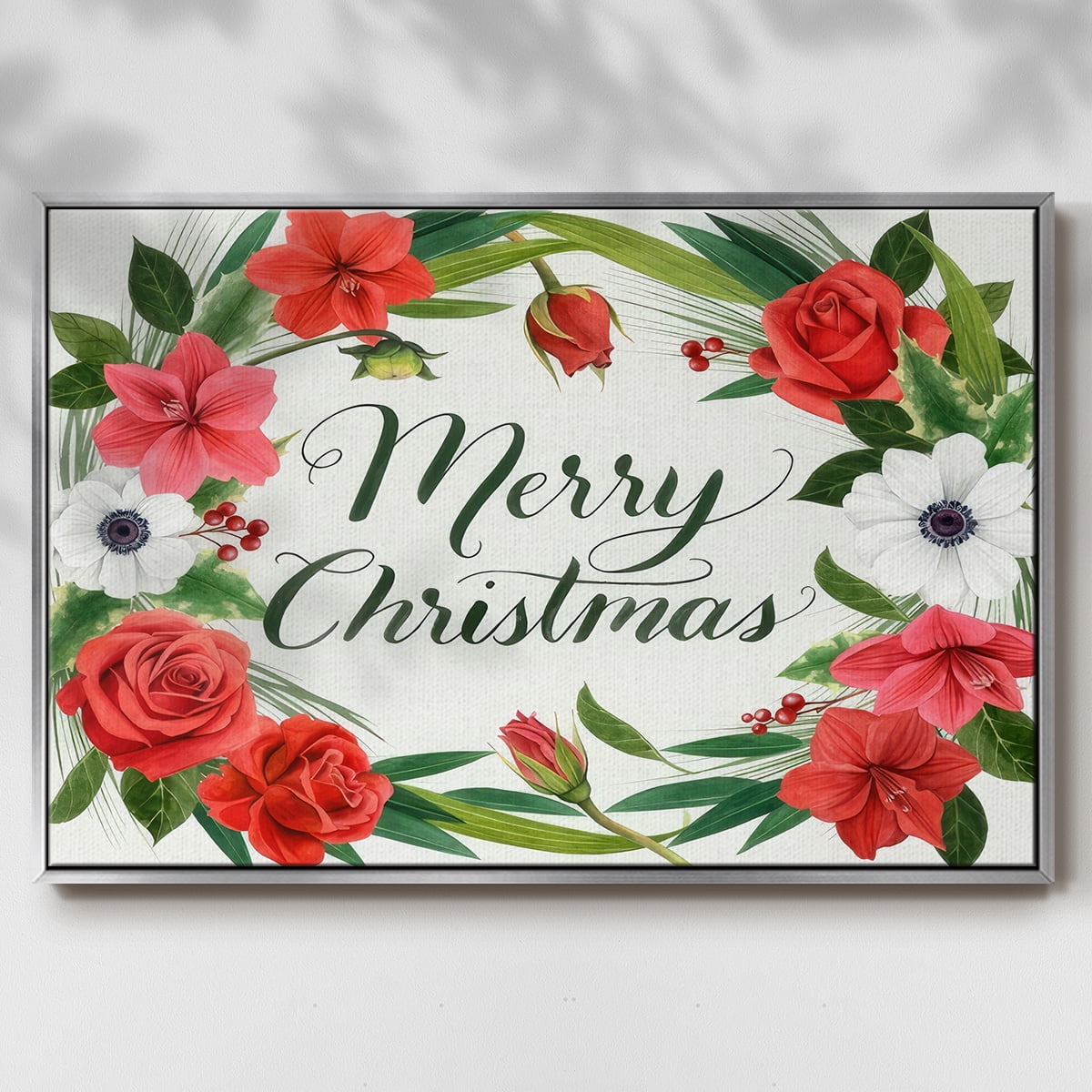 Christmas Flora Wreath Collection A - Framed Gallery Wrapped Holiday Canvas - 17 x 25 - Silver Frame