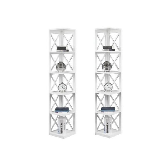 Home Square 5 Shelf Wood Corner Bookcase Set in White (Ste of 2)