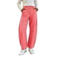thumbnail image 2 of Women Pants Dqueduo Women's Plaid Button-Zipper Elastic Waist Curved Barrel Pants – Casual Trousers Red L, 2 of 9