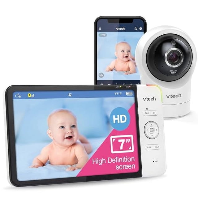 VTech RM7764HD Monitor para bebés con acceso remoto WiFi 1080p, giro e inclinación de 360°, pantalla HD de 7" 720p, visión nocturna HD, sonidos relajantes, conversación bidireccional, sensor de temper
