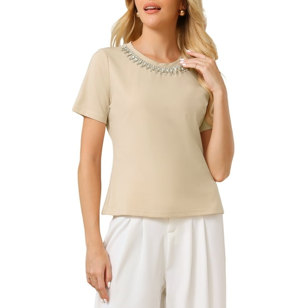 INSPIRAR CHIC Blusa Elegante y Brillante para Mujeres con Tops de Rhinestone para Cócteles y Fiestas M Beige