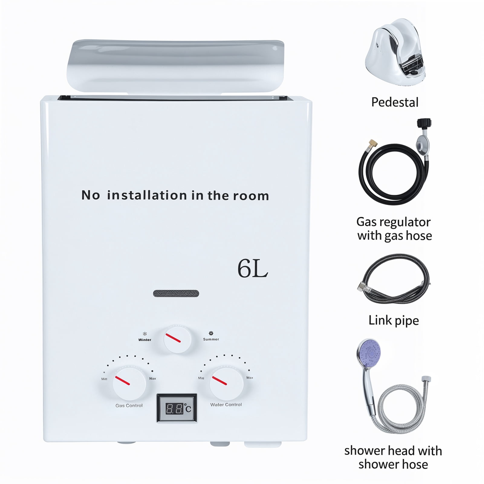 Thehsnt Portable Water Heaters, 6L Tankless Water Heaters, Liquefying Gas Outdoor Digital Display Water Heaters for Camping, RV, Boat, Cabins