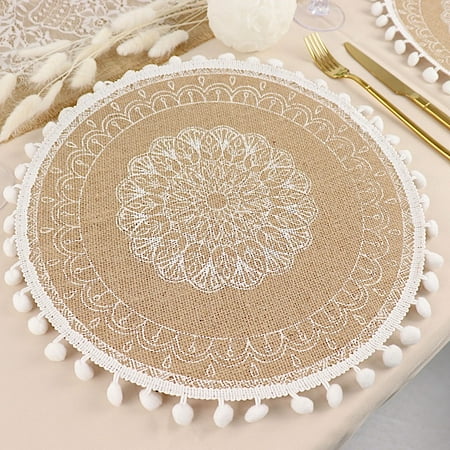 

BalsaCircle 4 Natural 15 Round Burlap Jute Placemats White Prints Beaded Trim Party Events Decorations