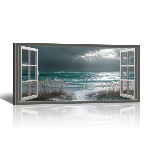 Beach Window Canvas Wall Art - Large Coastal Picture Landscape Canvas Prints Tropical Sea Paintings, Horizontal Summer Seascape Artwork for Living Room Bedroom