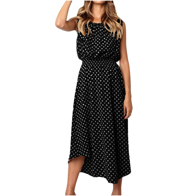 Moda mujer verano sin mangas sexy casual impresión puntos vestido largo Fridja hj1524