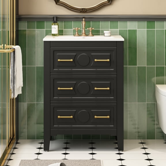 YIYADO 24 Inch Bathroom Vanity with Sink, Modern Wood Bathroom Vanity Storage Cabinet with 3 Drawers, Solid Wood Frame Bathroom Storage Cabinet, Black