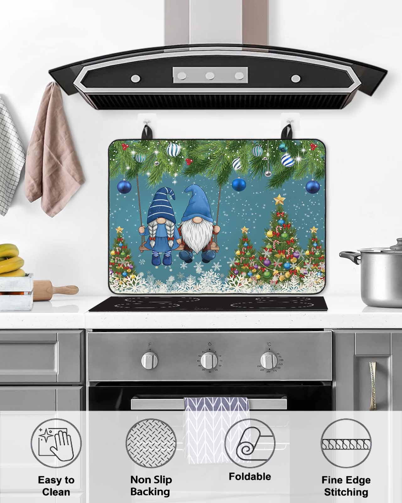 Large Induction Cooktop Protector Mat Blue Teal Gnomes Christmas Stove Top Covers for Electric Stove, Xmas Tree Balls Snowflake Decorative Stove Burner Cover Mats, Glass Top Stove Cover
