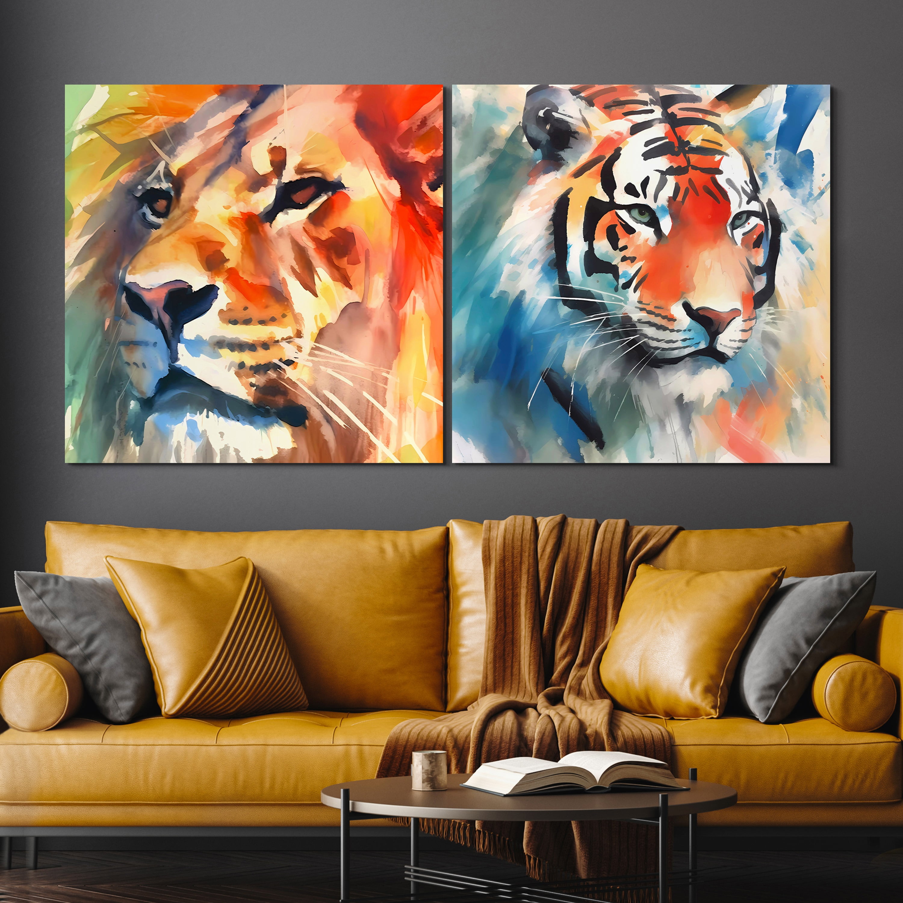 "Regal Strength I & II" Lion&Tiger Frameless Free Floating Reverse Printed Tempered Glass Wall Art