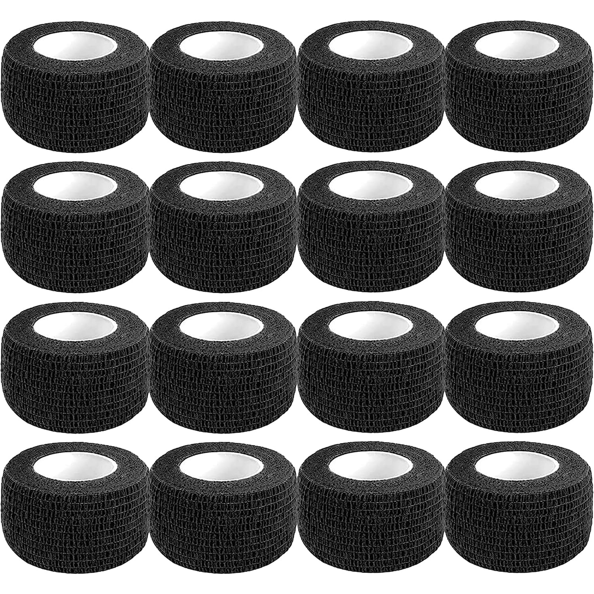 Foxqixa Self Adhesive Bandage Wrap 1 Inch x 5 Yards, 16 Rolls - Cohesive Vet Wrap, Elastic Sports Tape for Tattoo Grip, First Aid, Pet Protection - Breathable, Waterproof (Black)