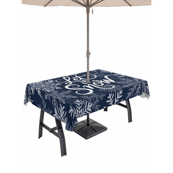 Outdoor Tablecloth with Umbrella Hole and Zipper, Navy Blue Christmas Rectangle Table Cloth 60x120 Inch Waterproof Tablecloth, Retro Rustic Winter Snowflakes Xmas Picnic Table Cover for Patio Camping