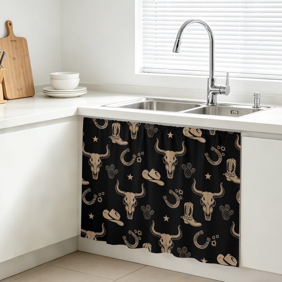 Western Cow Skull Cabinet Curtains for Kitchen 10"W x 11"L, Vintage Cactus Cowboy Hats Boots Black Under Sink Skirt Magic Tape Short Curtain Decorative Privacy Panel for Bathroom Laundry