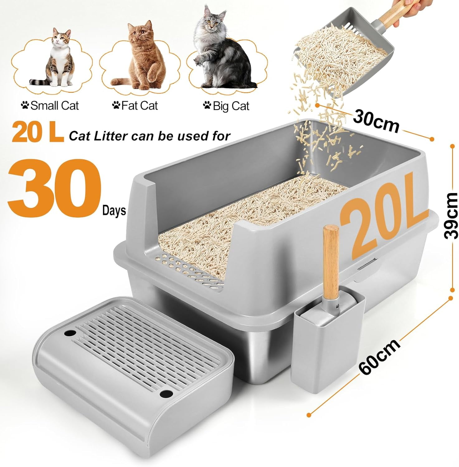 Kalolary Stainless Steel Cat Litter Box with Lid, Enclosed Removable Metal Litter Tray for Large Cat with High Sided Enclosure, Scoop, Pedal, Anti-Leakage, Non-Sticky, Easy Cleaning (Grey)