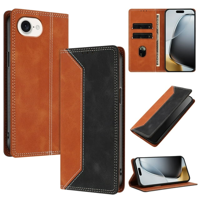 Funda FOXDOCK para iPhone 16e de Cuero Premium Bicolor con Ranuras RFID, Carcasa Tipo Billetera Antigolpes y Soporte Plegable